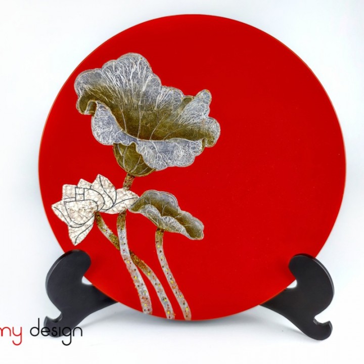 Orange round lacquer dish attached with eggshell lotus 30 cm( not included with stand)